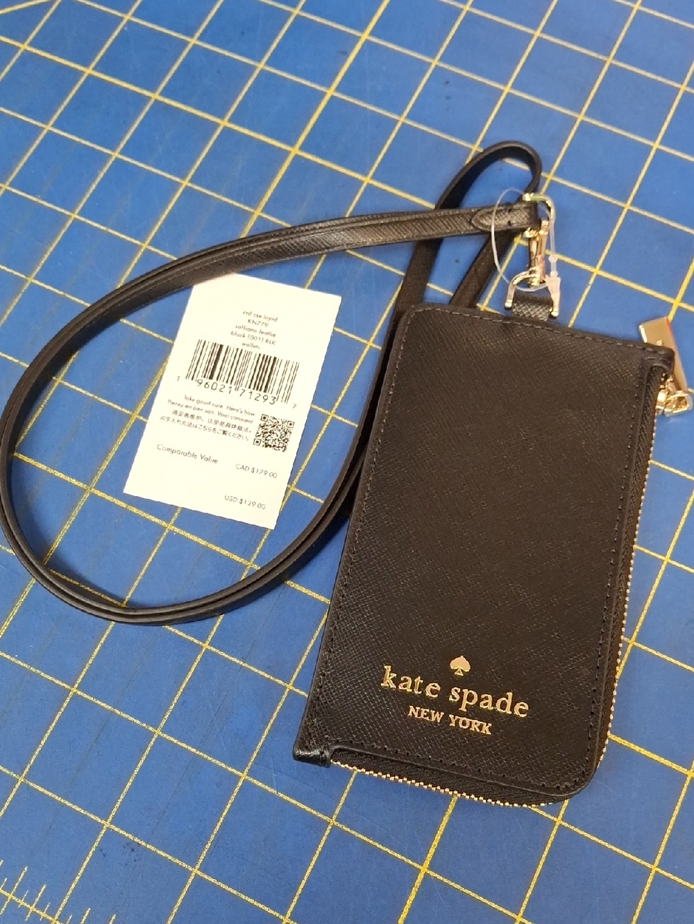kate spade black Saffiano leather cardholder lanyard